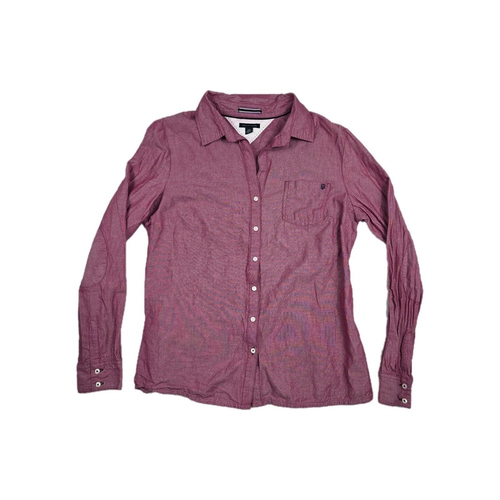Tommy Hilfiger Mens Long Sleeve Button Up Shirt Burgundy Red Large Elbow Patches